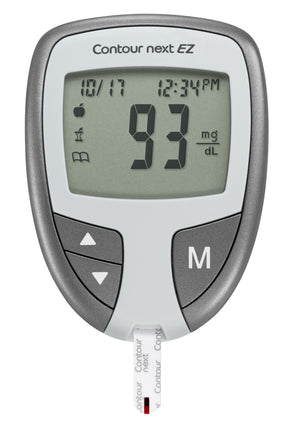 A close up of the CONTOUR NEXT EZ Blood Glucose Meter with a Contour next test strip inserted at the end