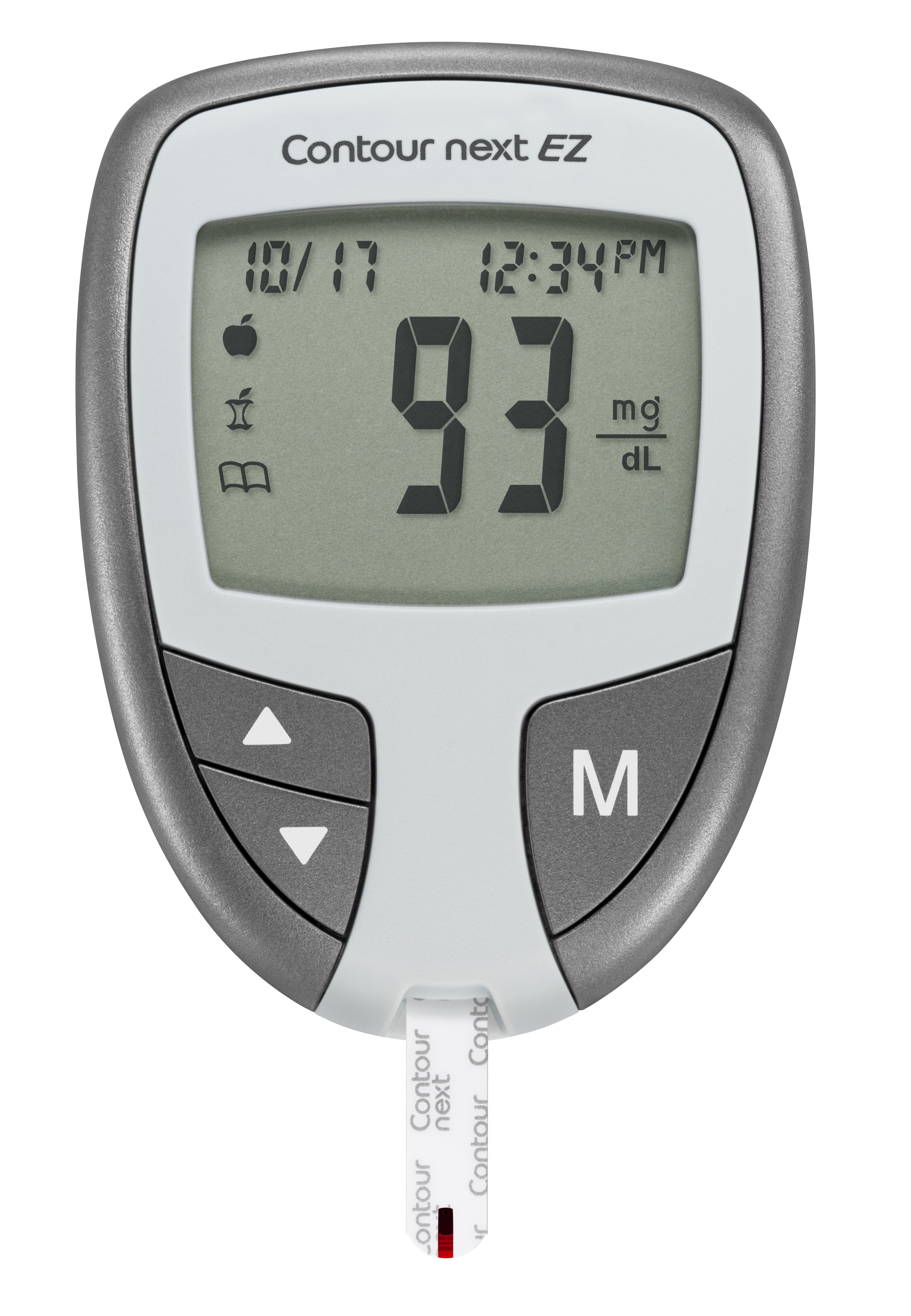 A close up of the CONTOUR NEXT EZ Blood Glucose Meter with a Contour next test strip inserted at the end