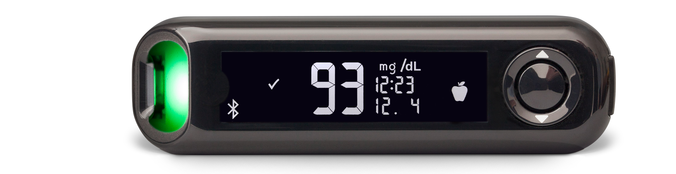A close up of the CONTOUR NEXT ONE Blood Glucose Meter with a green light displayed