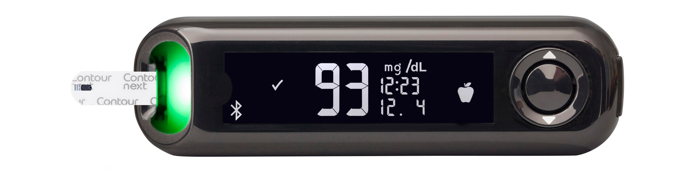A close up of the CONTOUR NEXT ONE Blood Glucose Meter with a green light displayed and a Contour next test strip inserted at the end