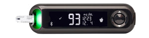 A close up of the CONTOUR NEXT ONE Blood Glucose Meter with a green light displayed and a Contour next test strip inserted at the end