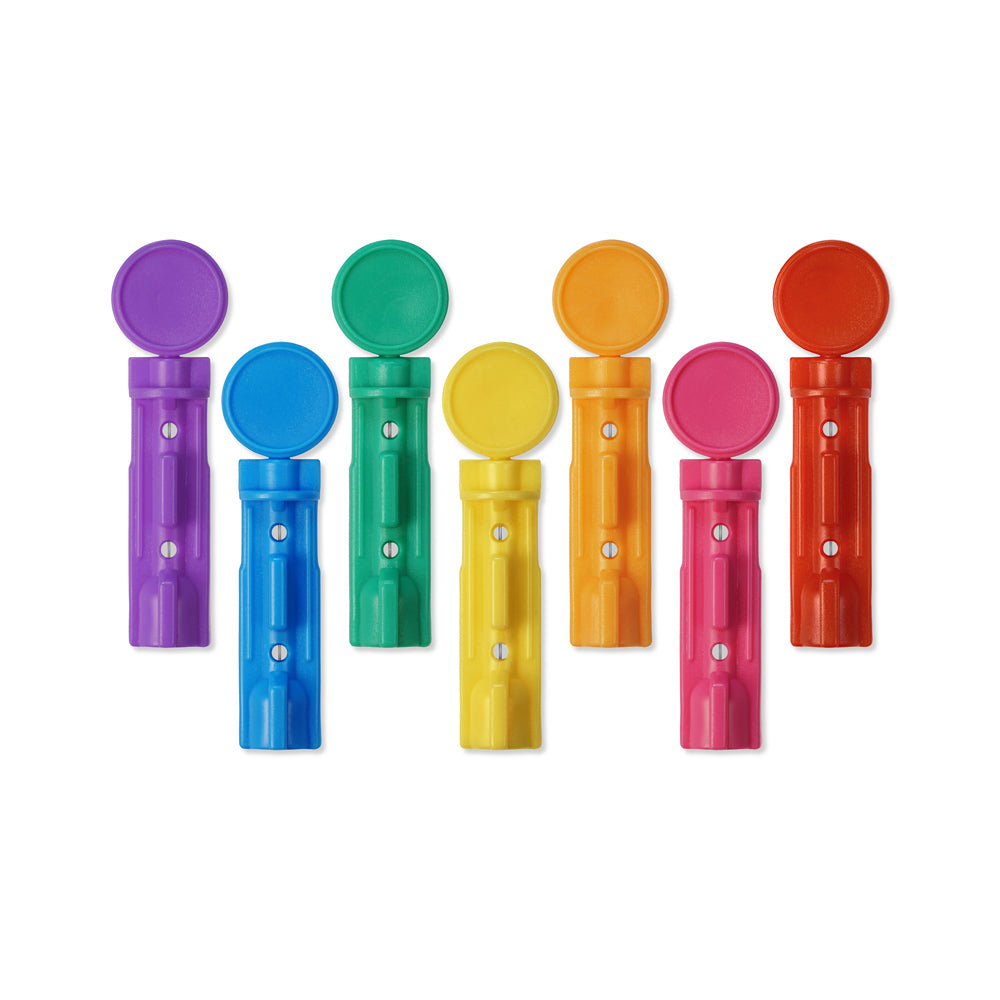 7 MICROLET® Lancets laid out in a rainbow of color