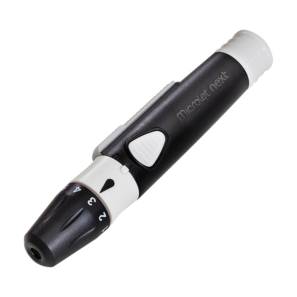 Pictured is the MICROLET®NEXT adjustable Lancing Device which is easy-to-use with 5 depth settings designed to help minimize pain for confidence with testing.