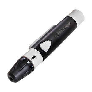 Pictured is the MICROLET®NEXT adjustable Lancing Device which is easy-to-use with 5 depth settings designed to help minimize pain for confidence with testing.