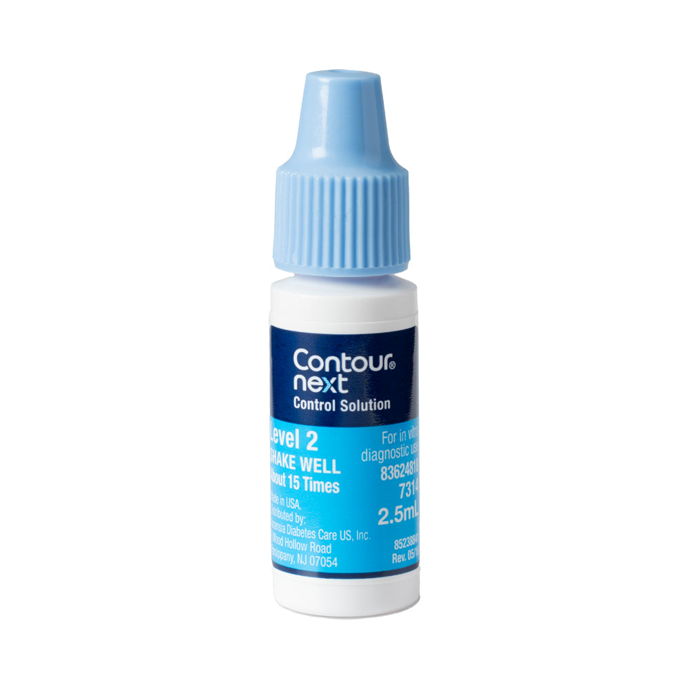 A bottle of CONTOUR®NEXT Control Solution-Level 2 with a blue cap on a white background.