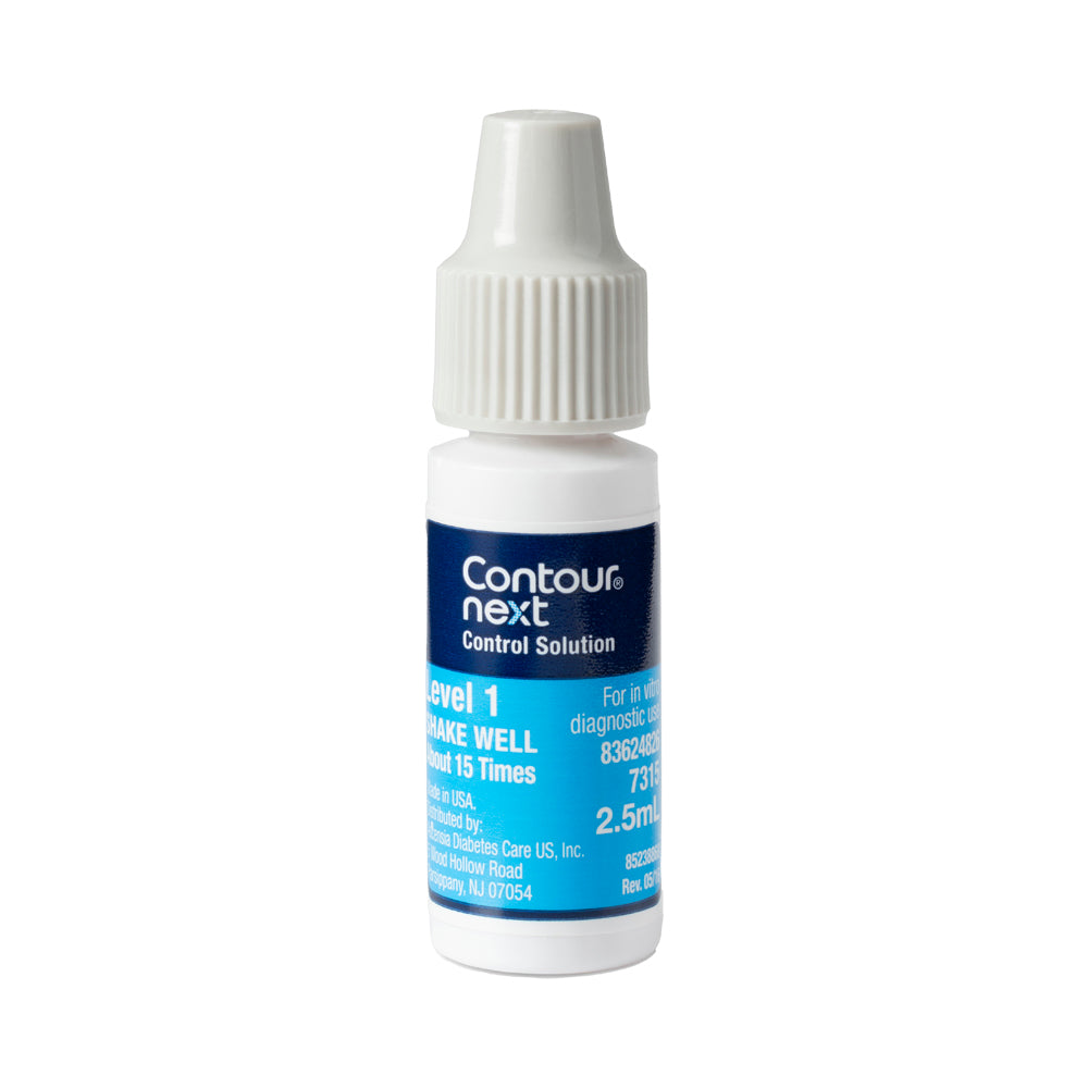 A bottle of CONTOUR®NEXT Control Solution-Level 1 with a white label and blue accents, designed to check the accuracy of blood glucose meters and test strips.