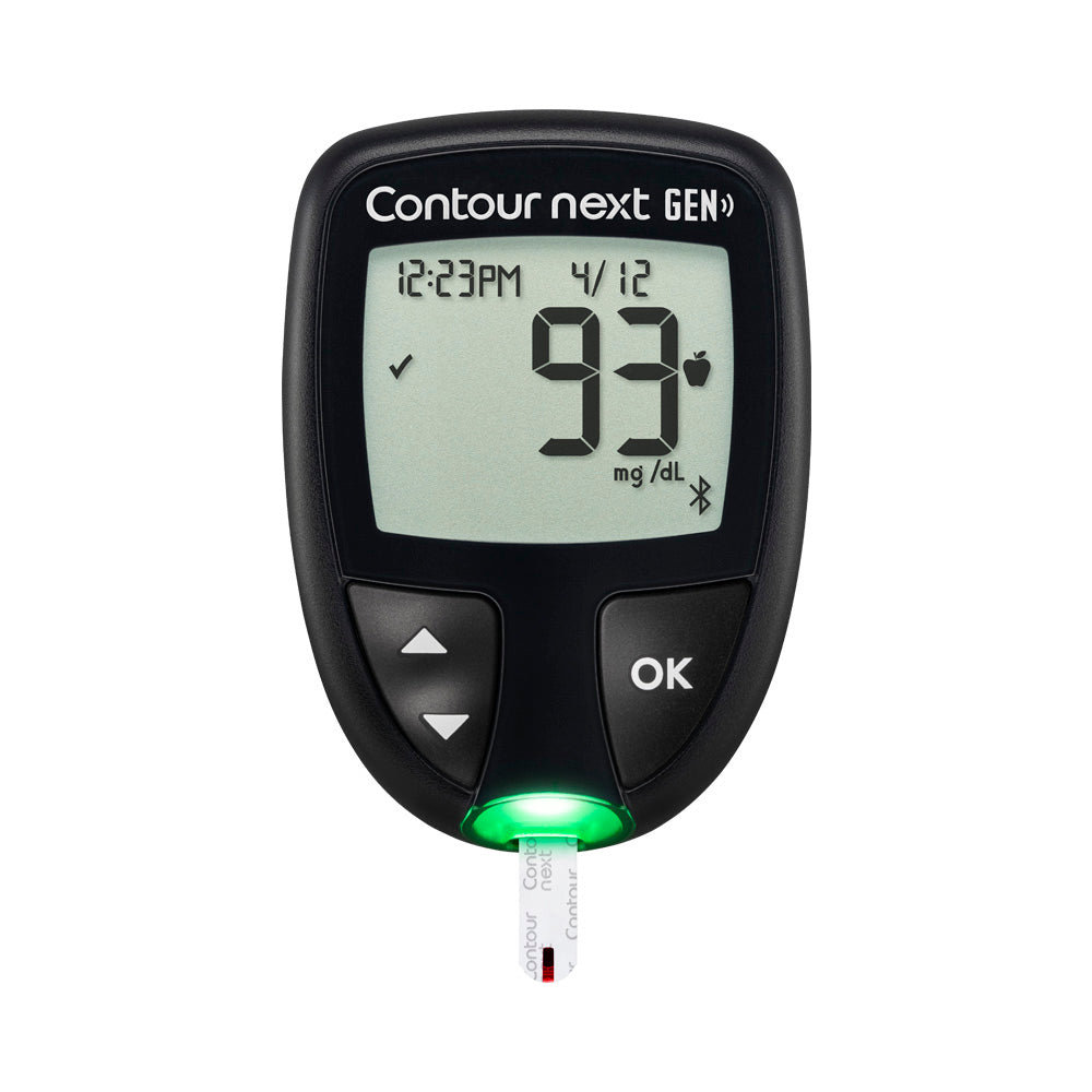 A photo of the CONTOUR®NEXT GEN Blood Glucose Meter displaying a green light where there is a CONTOUR®NEXT Test Strip inserted into it