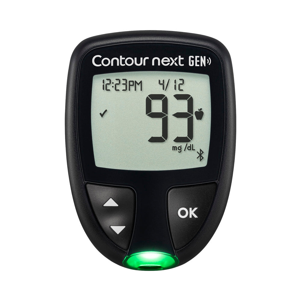 The CONTOUR®NEXT GEN Blood Glucose meter displayed with a green light