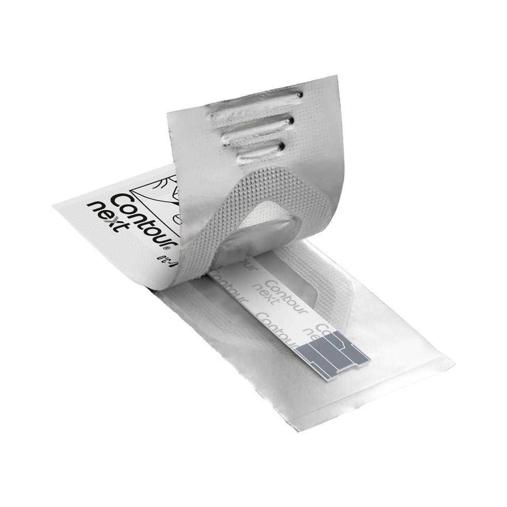 A single CONTOUR®NEXT Test Strip in its packaging being opened to reveal the single test strip for use