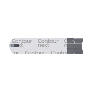 A single CONTOUR®NEXT blood glucose Test Strip shown close up