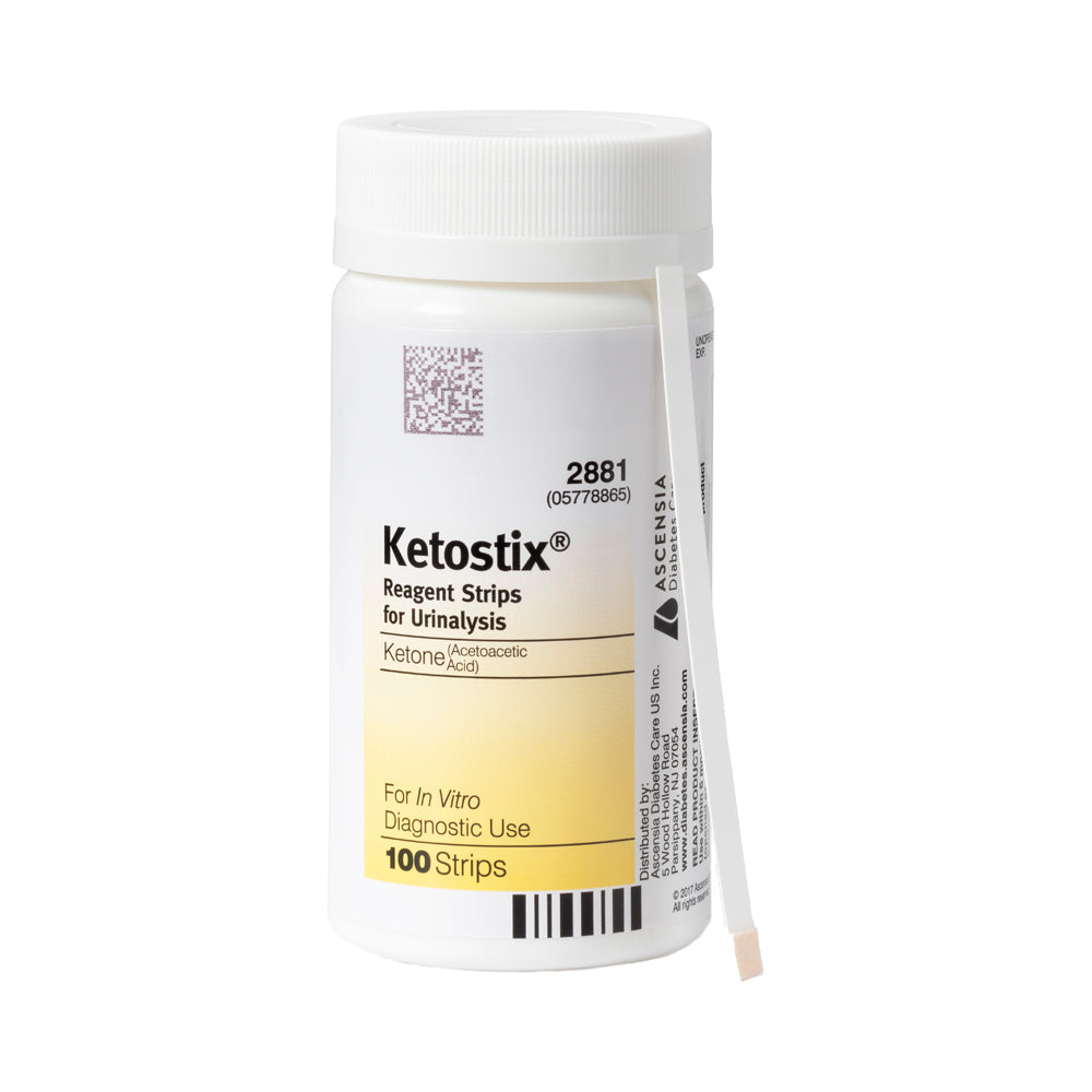 KETOSTIX® Reagent Strips Urinalysis Analyzer bottle with test strip showing beside it