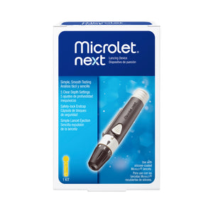Packaging of MICROLET®NEXT Lancing Device, showing the device itself and the text indicating 5 depth settings for minimizing pain during use.