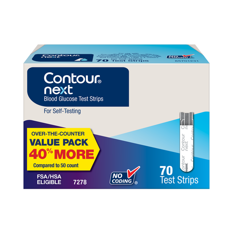 Box of CONTOUR®NEXT Blood Glucose Test Strips, containing 70 strips, for self-testing blood glucose.