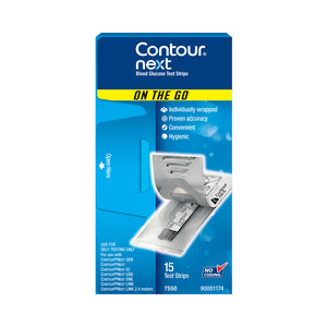 Packaging for CONTOUR®NEXT blood glucose test strips, 15 pack, showing the product.
