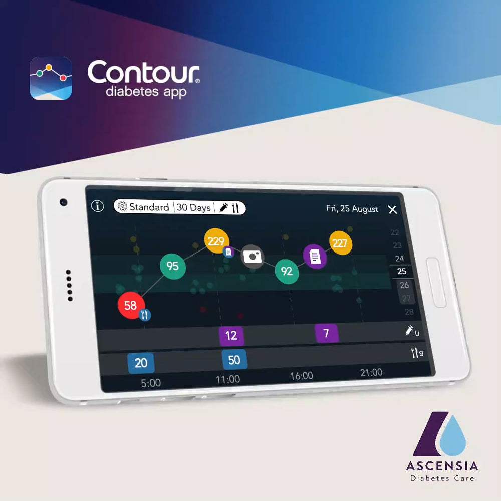 Mobile device displaying the CONTOUR®DIABETES app with blood glucose readings logged over a 30-day period.