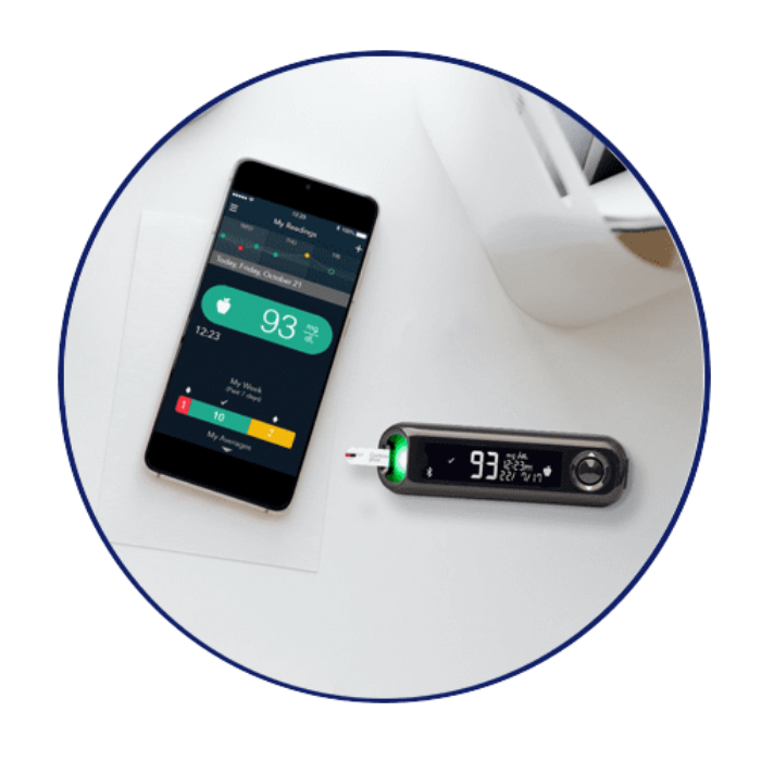 CONTOUR®DIABETES app displayed on a mobile device with the CONTOUR®NEXT ONE meter placed beside the phone.