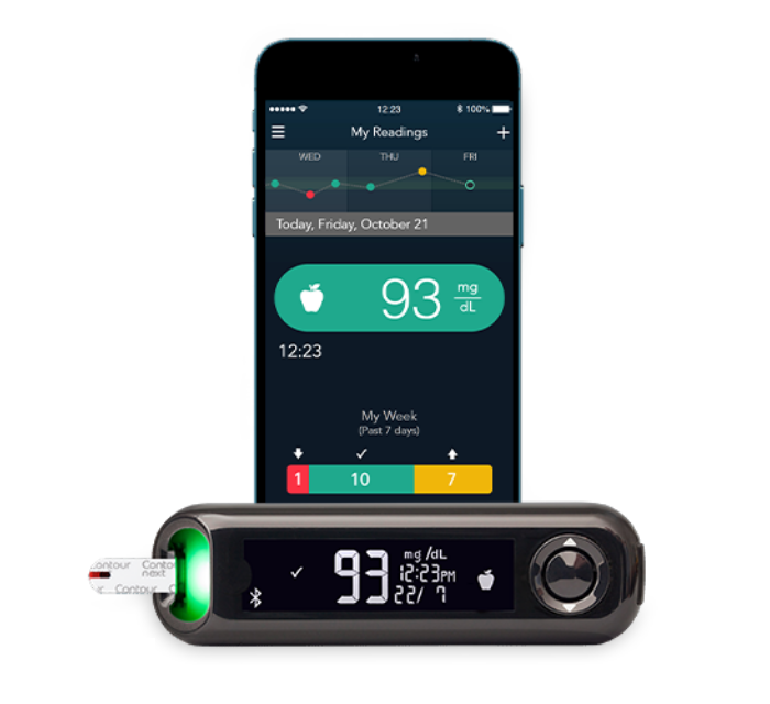 CONTOUR®DIABETES app displayed on a mobile device with the CONTOUR®NEXT ONE meter positioned in front of the phone.