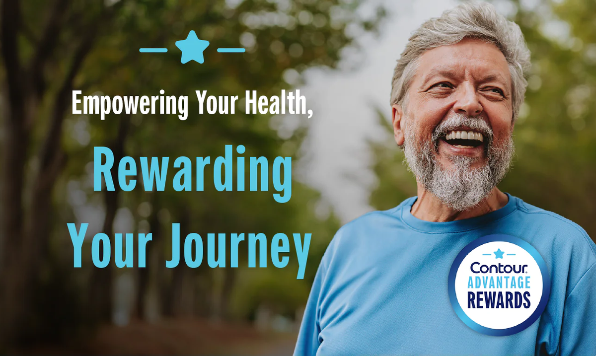 An image of an older man smiling as part of a banner image that includes the text "Empowering Your Health, Rewarding Your Journey" for the Contour® Advantage Rewards program