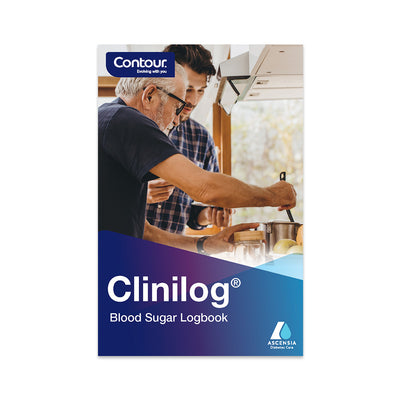 A cover of the CLINILOG® Blood Sugar Logbook with the title prominently displayed, featuring an image of two men, father and son, cooking. The background is a warm, homey kitchen setting.