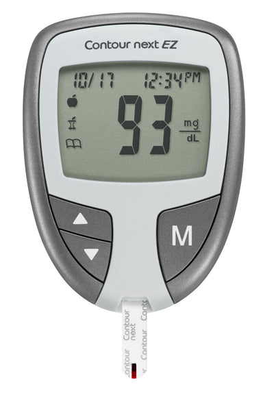 A close up of the CONTOUR NEXT EZ Blood Glucose Meter with a Contour next test strip inserted at the end
