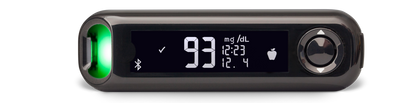 A close up of the CONTOUR NEXT ONE Blood Glucose Meter with a green light displayed