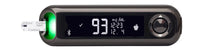 A close up of the CONTOUR NEXT ONE Blood Glucose Meter with a green light displayed and a Contour next test strip inserted at the end