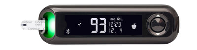 A close up of the CONTOUR NEXT ONE Blood Glucose Meter with a green light displayed and a Contour next test strip inserted at the end
