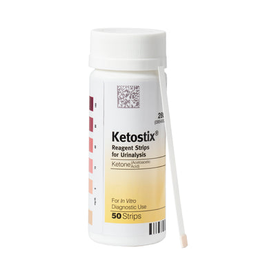 KETOSTIX® Reagent Strips Urinalysis Analyzer bottle with test strip showing beside it