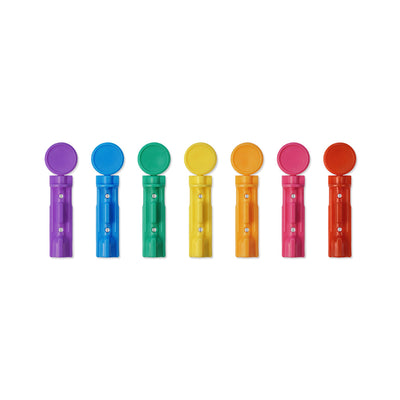 7 MICROLET® Lancets laid out in a rainbow of color