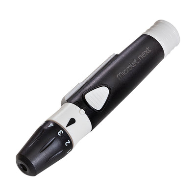 Pictured is the MICROLET®NEXT adjustable Lancing Device which is easy-to-use with 5 depth settings designed to help minimize pain for confidence with testing.