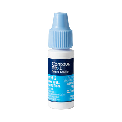 A bottle of CONTOUR®NEXT Control Solution-Level 2 with a blue cap on a white background.