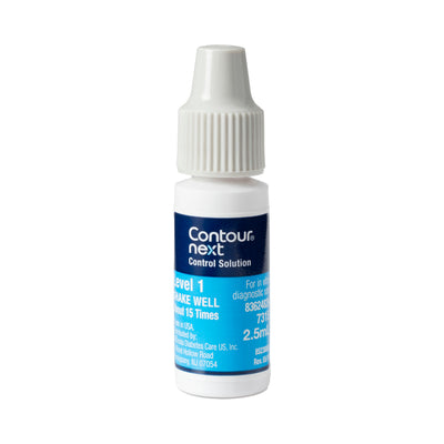 A bottle of CONTOUR®NEXT Control Solution-Level 1 with a white label and blue accents, designed to check the accuracy of blood glucose meters and test strips.
