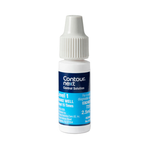 A bottle of CONTOUR®NEXT Control Solution-Level 1 with a white label and blue accents, designed to check the accuracy of blood glucose meters and test strips.