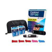 A photo displaying all the contents that can be found inside the CONTOUR®NEXT ONE Blood Glucose Monitoring Value Pack. Including the CONTOUR®NEXT ONE Blood Glucose Meter, MICROLET®NEXT Lancing Device, MICROLET® Lancets, and 20 test strips