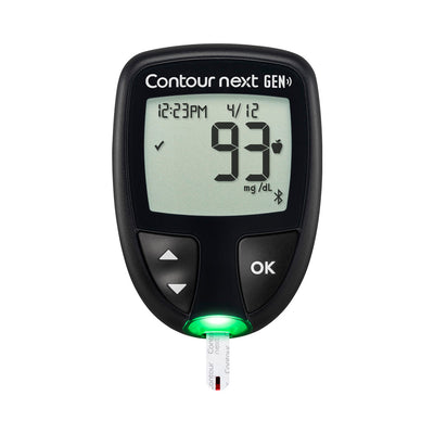 A photo of the CONTOUR®NEXT GEN Blood Glucose Meter displaying a green light where there is a CONTOUR®NEXT Test Strip inserted into it