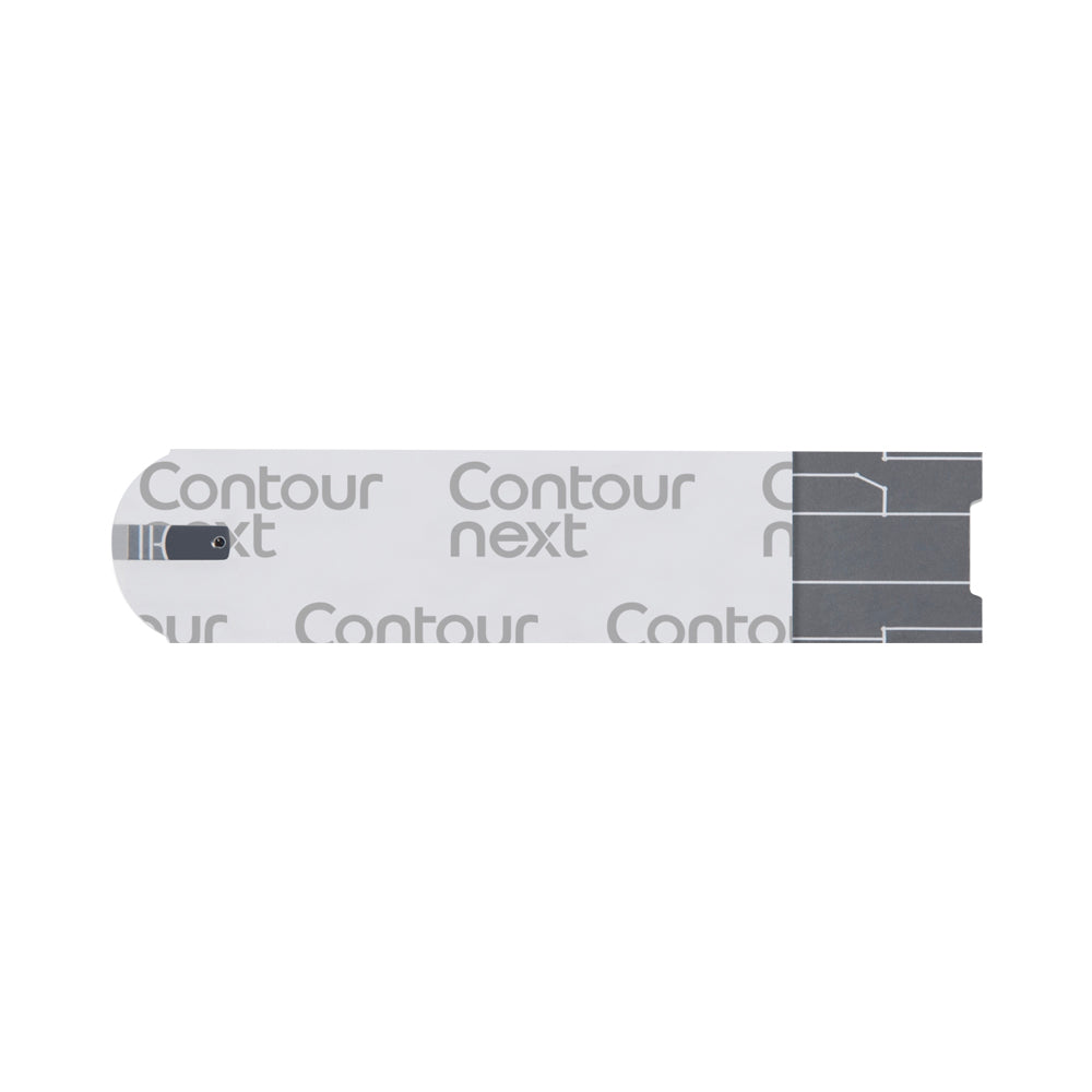 A single CONTOUR®NEXT blood glucose Test Strip shown close up