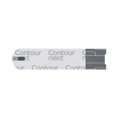 A single CONTOUR®NEXT blood glucose Test Strip shown close up