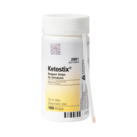 KETOSTIX® Reagent Strips Urinalysis Analyzer bottle with test strip showing beside it