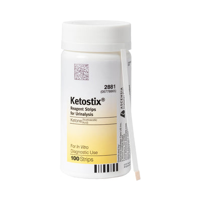 KETOSTIX® Reagent Strips Urinalysis Analyzer bottle with test strip showing beside it