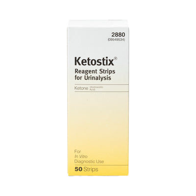 A box of the KETOSTIX® Reagent Strips Urinalysis Analyzer strips, 50 Count