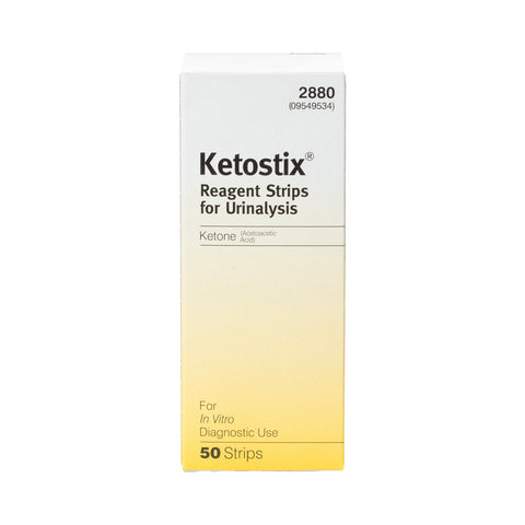 A box of the KETOSTIX® Reagent Strips Urinalysis Analyzer strips, 50 Count