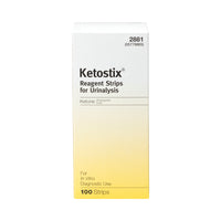 A box of the KETOSTIX® Reagent Strips Urinalysis Analyzer strips, 100 Count