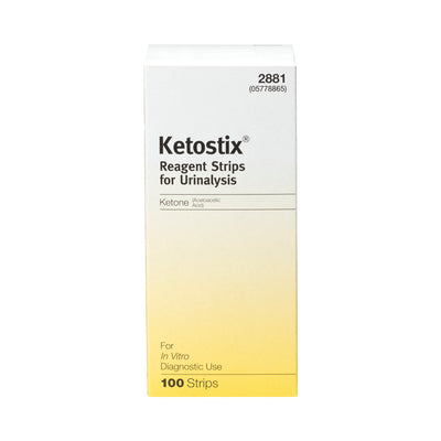 A box of the KETOSTIX® Reagent Strips Urinalysis Analyzer strips, 100 Count