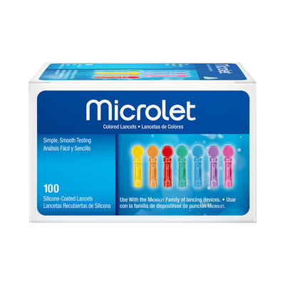 A box of 100 MICROLET® Lancets, with a variety of colored lancets visible on the box.