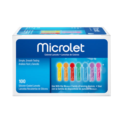 A box of 100 MICROLET® Lancets, with a variety of colored lancets visible on the box.