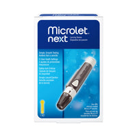 Packaging of MICROLET®NEXT Lancing Device, showing the device itself and the text indicating 5 depth settings for minimizing pain during use.
