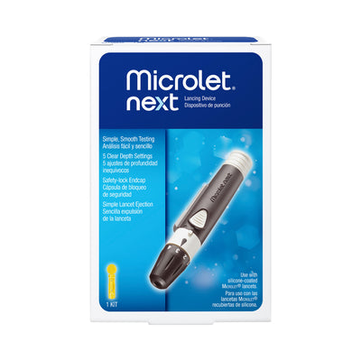 Packaging of MICROLET®NEXT Lancing Device, showing the device itself and the text indicating 5 depth settings for minimizing pain during use.