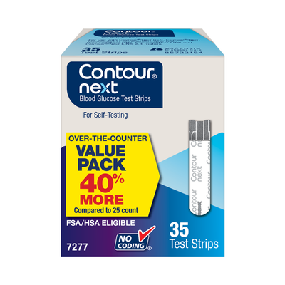 Box of CONTOUR®NEXT blood glucose test strips containing 35 test strips with over-the-counter value pack branding.
