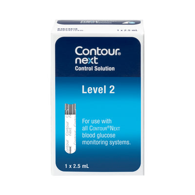 A box of CONTOUR®NEXT Control Solution, Level 2, with a 2.5 mL bottle for blood glucose monitoring systems.