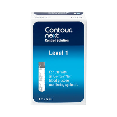 Packaging of CONTOUR®NEXT Control Solution Level 1 with a test strip depicted on the front.